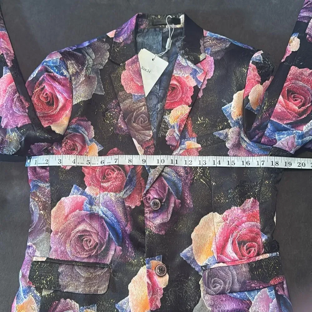 Men’s Slim Fit 2 Button Black Floral Formal Blazer Suit Jacket Size 34 NEW